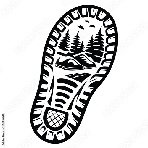 Shoe print reveals nature with trees, hills, and pair of sneakers within the outline
