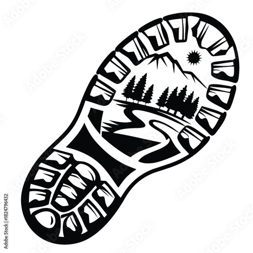 Nature features inside a shoe print mountains, trees, river, and sun are visible