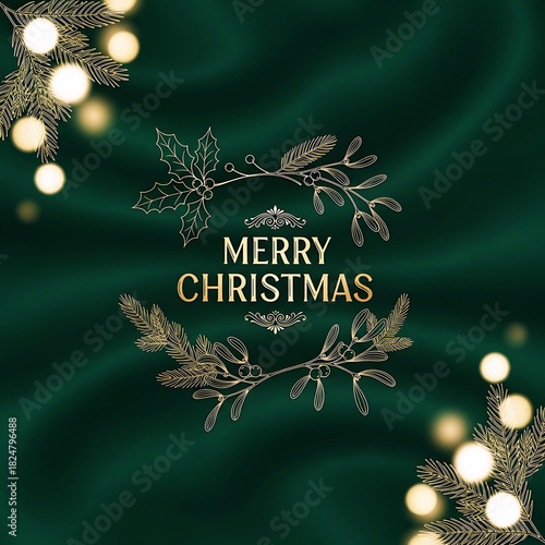 Luxurious Merry Christmas Background with Golden Holiday Elements on Dark Green