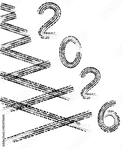 Tire tread marks forming the year 2026 and grunge abstract lines on a white background. Vector illustration