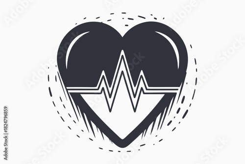 Isolated black heart with a heartbeat line symbolizes love and health with a unique style