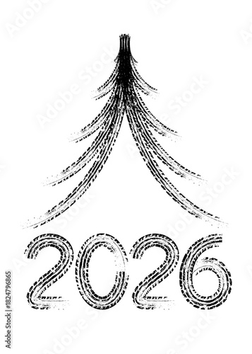 New year 2026 grunge tire track christmas tree. Vector illustration