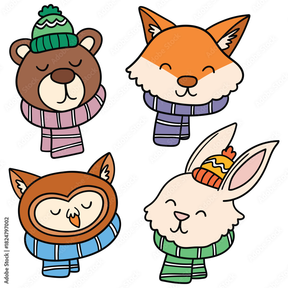 Naklejka premium Hand-drawn cartoon winter set of animals with scarves and hats on a white background. Bear, fox, owl, hare.