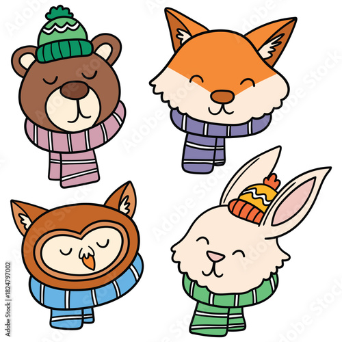 Hand-drawn cartoon winter set of animals with scarves and hats on a white background. Bear, fox, owl, hare.