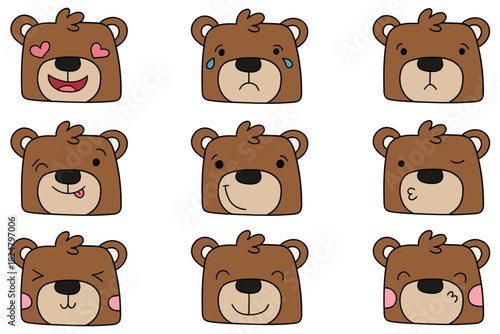 Hand-drawn cartoon set of teddy bear emojis on a white background.