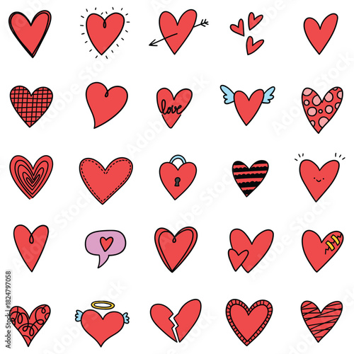 Hand-drawn cartoon set of red hearts on a white background.