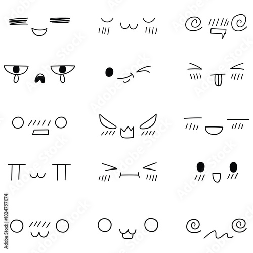 Hand-drawn doodle set of kawaii faces on a white background.