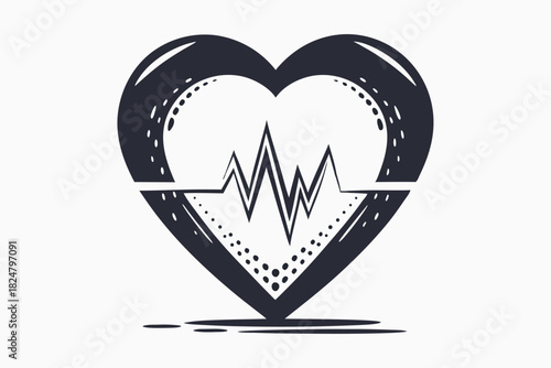 Stylized heart emblem features a central pulse line and a textured appearance