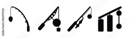 Stylized fishing rod and tackle icon set for angling sports