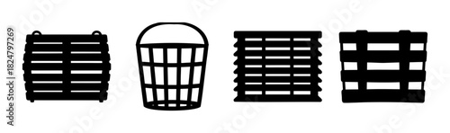Set of various slatted storage container and basket icons