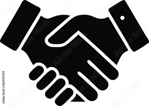Two business hands firmly shake, symbolizing agreement and collaboration in black solid icon
