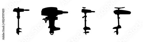 Four distinct black silhouette electric trolling boat motors