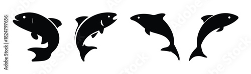 Four jumping fish silhouettes, simple modern vector icon set