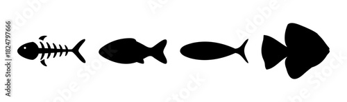 Abstract fish silhouettes: skeleton, standard, long, and wide