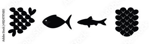 Fish, roe, and scale silhouettes vector icon set on white