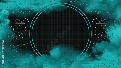 Abstract futuristic scifi background with round frame fog effect and particles elements