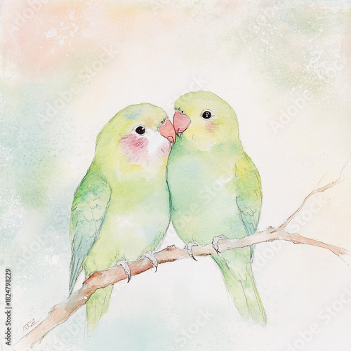 Charming watercolor illustration of two lovebirds cuddling on a branch