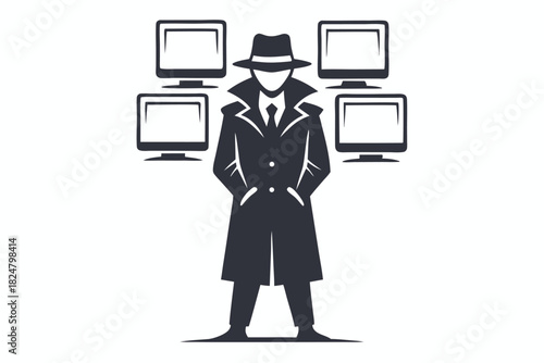 Silhouette of a man in a hat and trench coat stands confidently before city buildings