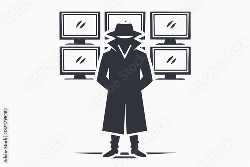Shadowy figure stands before a monitor array, his hat and trench coat obscuring his features