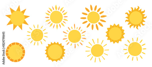 Sun Illustration Set With Multiple Hand Drawn Yellow Suns And Different Ray Styles. Summer, Warmth And Seasonal Design Themes