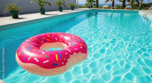 Relaxing summer vibes with pink donut float in clear blue swimming pool water