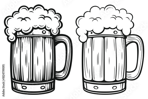 Two black outline wooden beer mugs filled with frothy white liquid appear bold