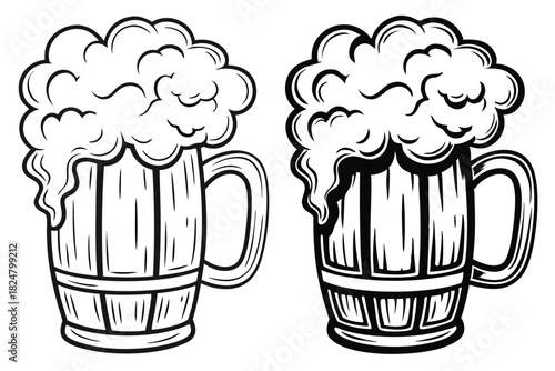 Two beer tankards with foam overflowing, depicted with a handdrawn, bold, black outline style