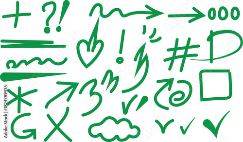 Collection of Green Hand Drawn Doodle Elements Arrows Symbols and Shapes on White Background vector illustration