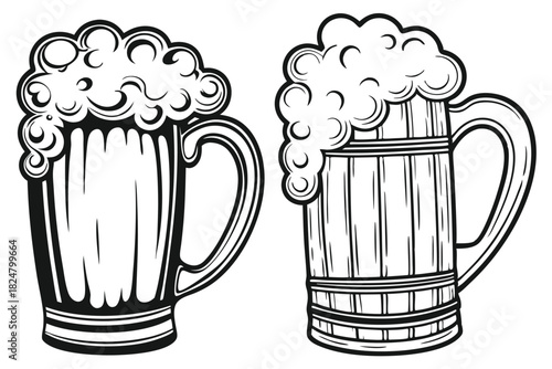 Two vintage beer mugs overflowing with frothy beverage stand side by side isolated