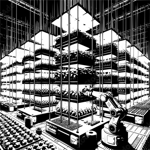 Vertical farming robotics showing automated indoor agriculture with hydroponic cultivation and AI-controlled growing systems for sustainable food
