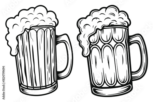 Two black and white beer mugs overflow with frothy foam in this crisp sketch