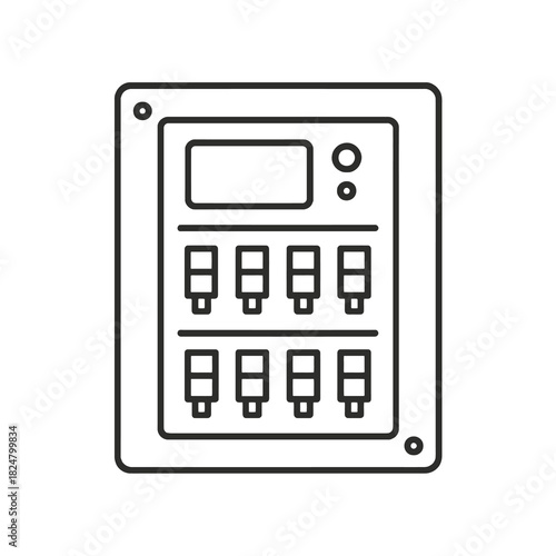Fine line smart breaker panel icon symbolizing electrical distribution control and digital safety monitoring, ideal for power management visuals, smart building systems and industrial infrastructure t