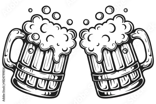 Stylized beer glasses clink together with foam and bubbles in a black and white drawing