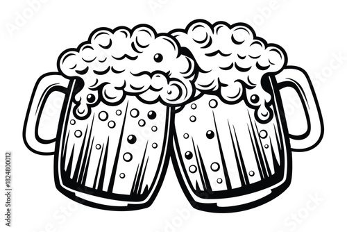 Two foaming beer mugs with handles clink together in black and white sketch