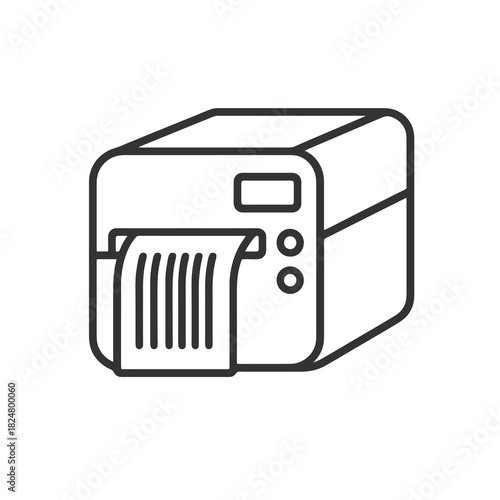 Fine line barcode label printer icon symbolizing inventory automation and packaging system efficiency, ideal for logistics visuals, warehousing tools and production labeling