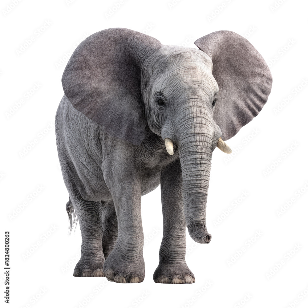 Obraz premium A majestic African elephant stands front and center, showcasing its powerful form and large ears against a stark transparent background. background removed