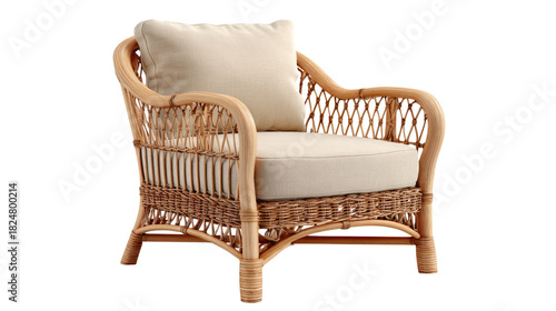 A stylish natural wicker rattan armchair with comfortable cream cushions on a transparent background, perfect for bohemian or coastal decor. background removed