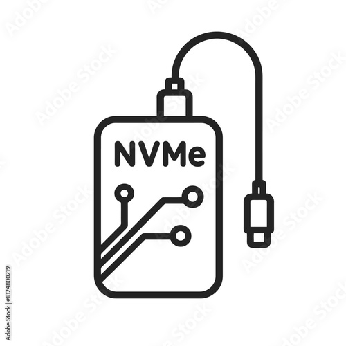 Fine line NVMe SSD icon symbolizing fast digital storage and high-performance data transfer, ideal for tech visuals, computing resources and hardware product design