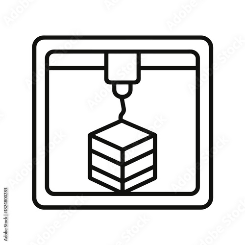 Fine line 3D printer icon symbolizing additive manufacturing and prototyping technology, ideal for engineering visuals, product design and innovation resources
