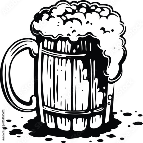 Overflowing beer mug with handle shows black beer and dripping foam outlines