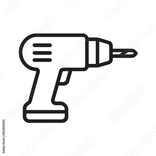 Fine line electric drill icon symbolizing construction and DIY mechanics, ideal for hardware visuals, renovation planning and power tool representation