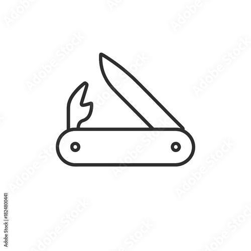 Fine line multifunction pocket knife icon symbolizing versatility and utility, ideal for survival gear visuals, adventure tools and outdoor equipment resources