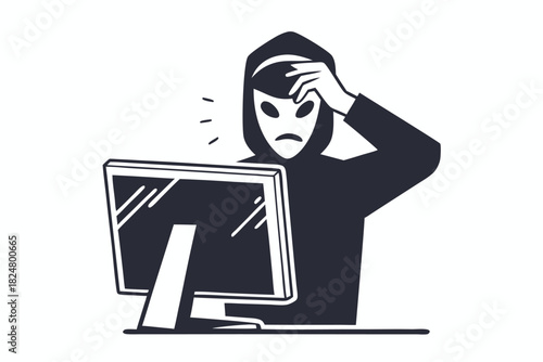 Masked person looks confused while viewing a computer screen showing unexpected issues