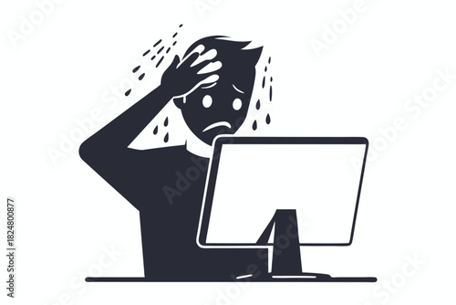 Stressed character stares at blank computer screen while sweating profusely and holding his head