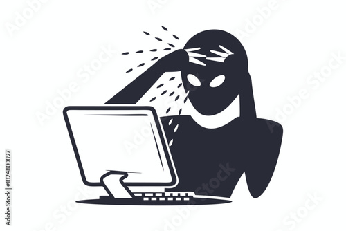 Stressed figure struggles with a computer issue and appears to have a headache problem
