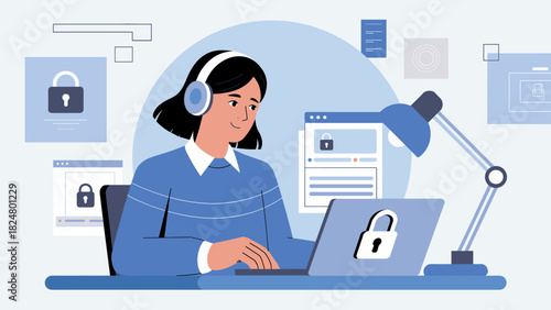 woman at her desk working on a laptop with security symbols, vector illustration for cybersecurity, online safety and data protection