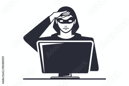 Masked figure with hand up in front of computer signifies cybersecurity threat looming