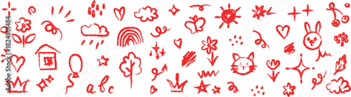 Red Hand Drawn Doodle Elements Featuring Hearts Flowers Clouds Rainbows Animals and Balloons sketch drawing