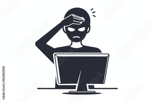 Monochrome distressed man at computer with hand on head appears to have challenges