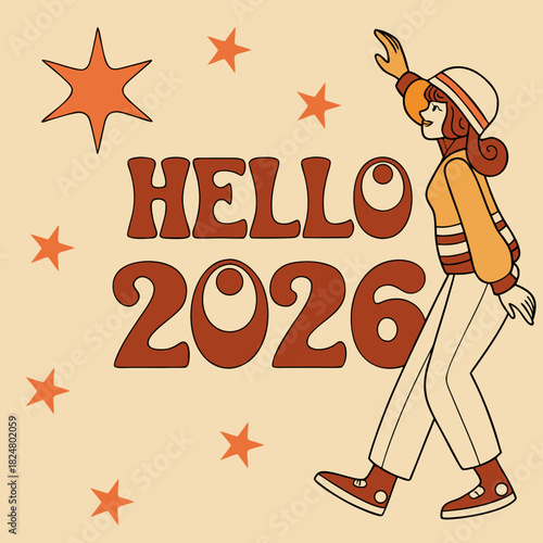 Retro 70s Style "Hello 2026" New Year Typography Vector
